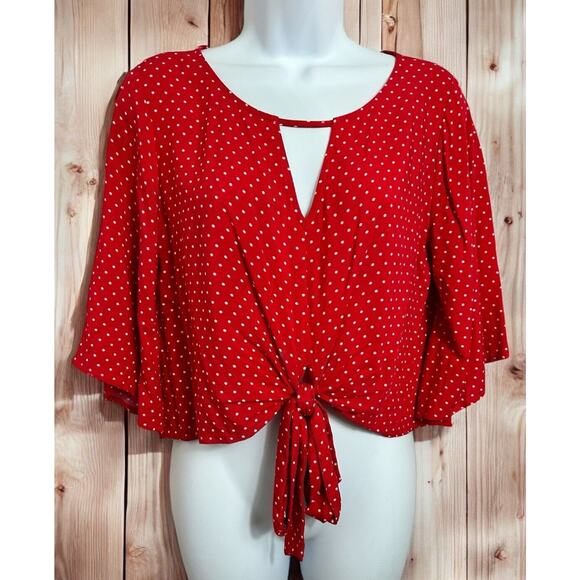 Mossimo Red Polka Dot Blouse Sz XS Front Tie V-Neck Keyhole Top Rockabilly Retro - Picture 2 of 7